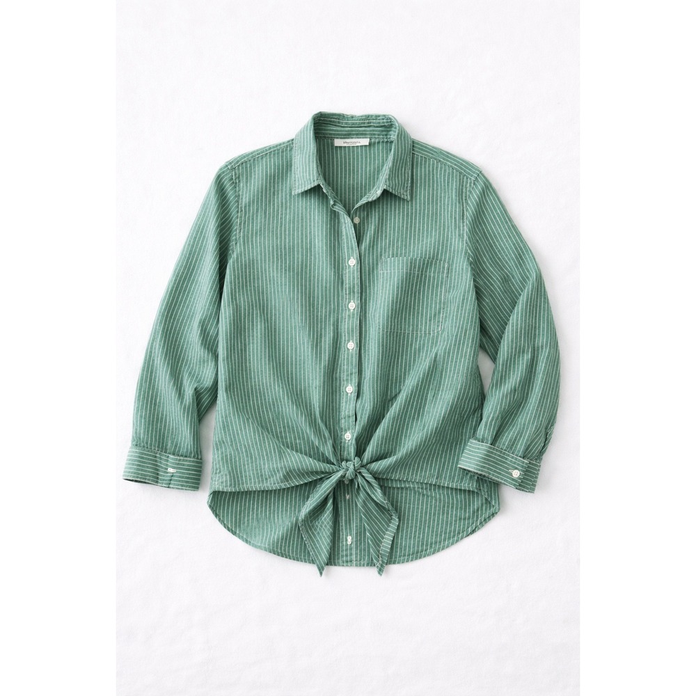 Chicos Green White Stripe Linen Tie Front Button Shirt No iron Size 0(S) coastal